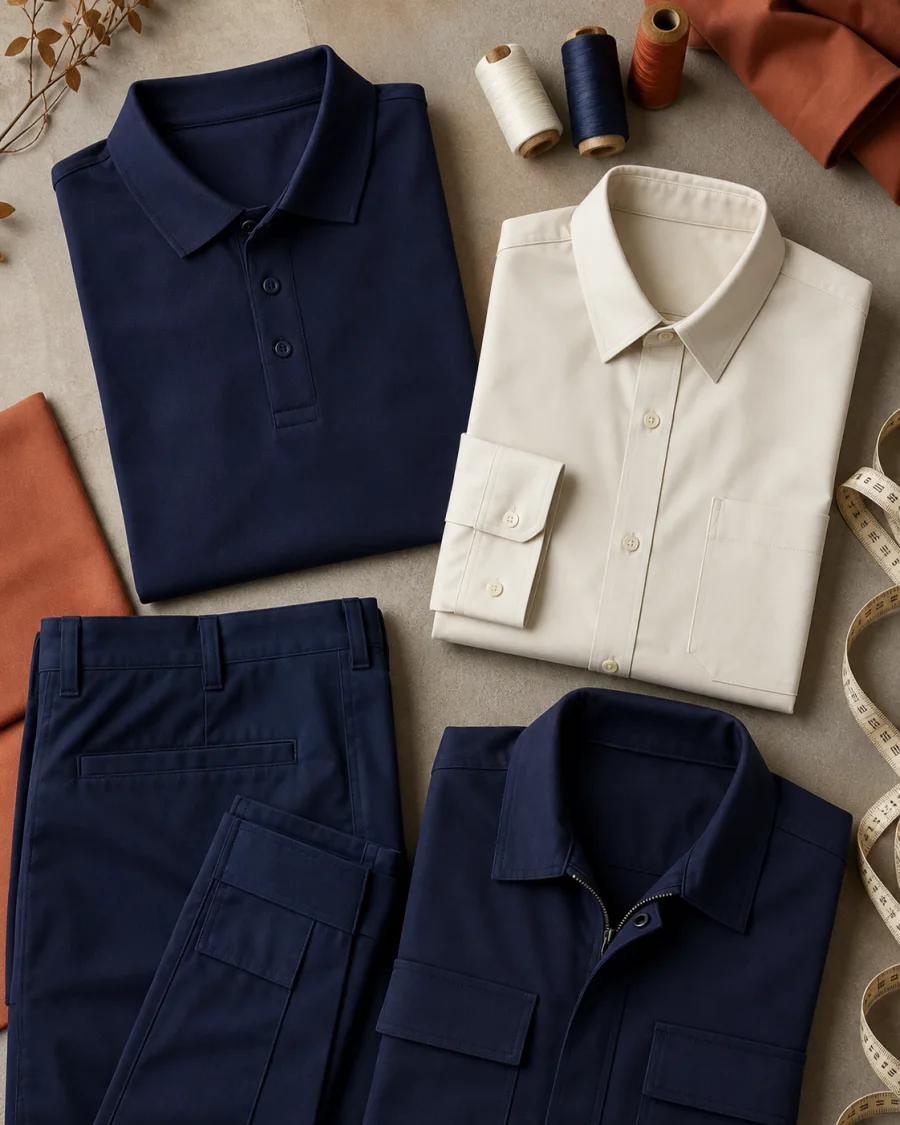 Composição editorial de peças de uniforme em azul-marinho e tons claros